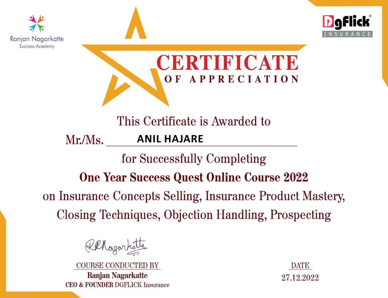 Certificate oF Success Quest Online Course 2022