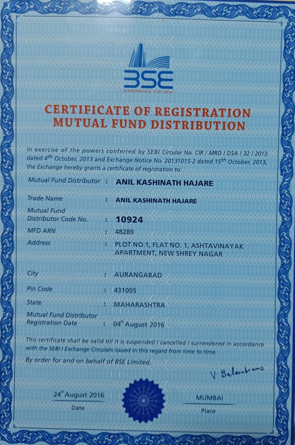 Certificate Of Registration Mutual Fund Distribution